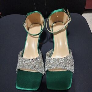 Chic Green Satin Heels with Sparkling Silver Details